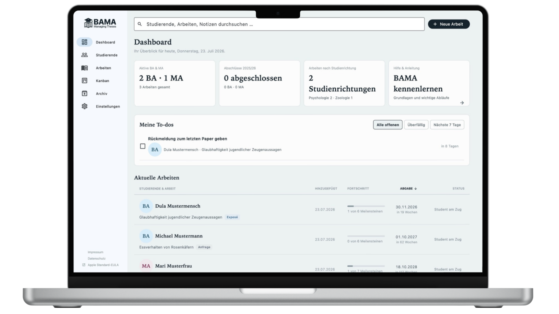 BAMA Dashboard mit Arbeiten, Aufgaben, Fristen und Fortschritten