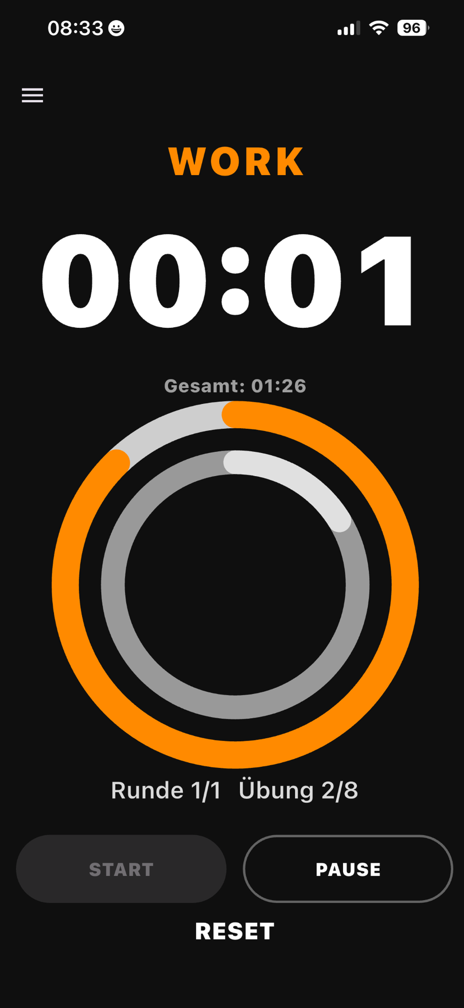 Time2Sweat Timer Ansicht